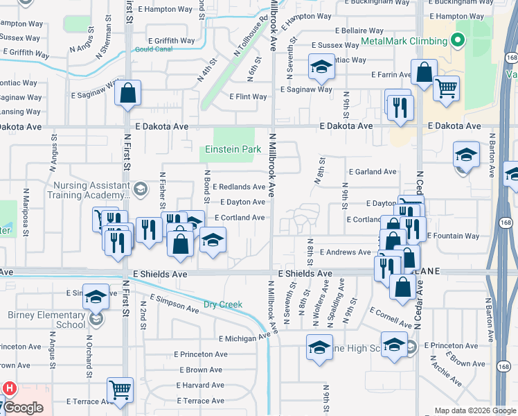 map of restaurants, bars, coffee shops, grocery stores, and more near 3606 East Dayton Avenue in Fresno