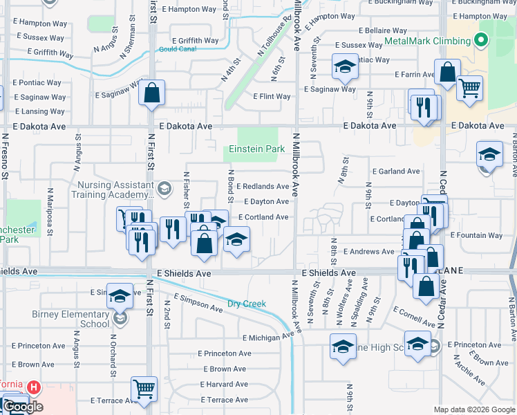 map of restaurants, bars, coffee shops, grocery stores, and more near 3482 East Dayton Avenue in Fresno
