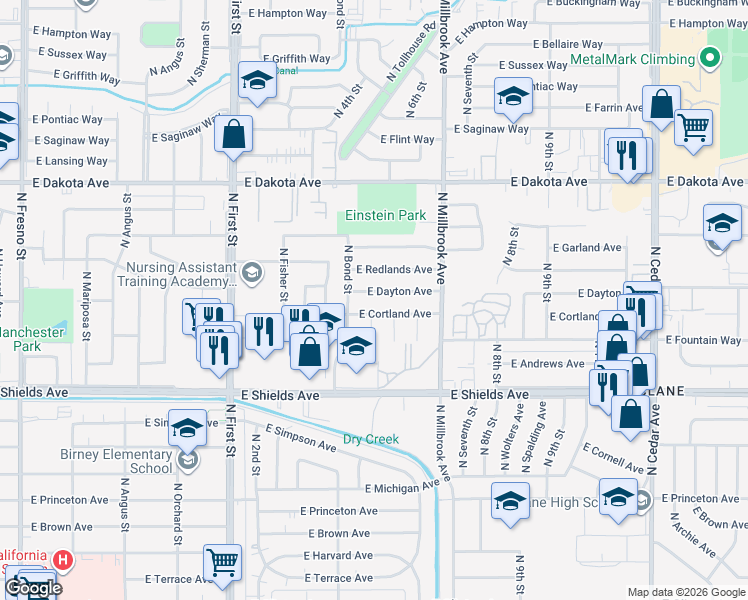 map of restaurants, bars, coffee shops, grocery stores, and more near 3482 East Dayton Avenue in Fresno