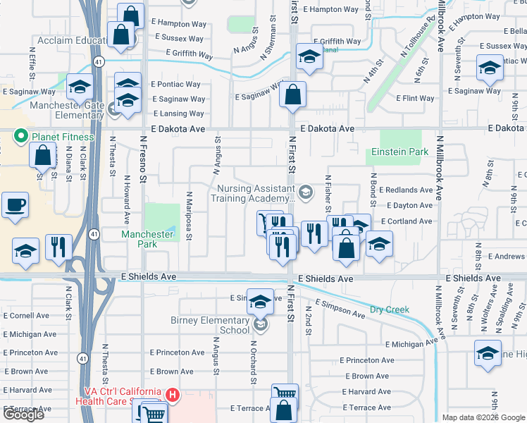 map of restaurants, bars, coffee shops, grocery stores, and more near 3509 North First Street in Fresno
