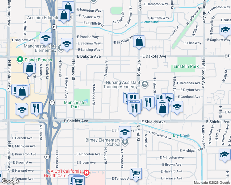 map of restaurants, bars, coffee shops, grocery stores, and more near 3542 North Orchard Street in Fresno