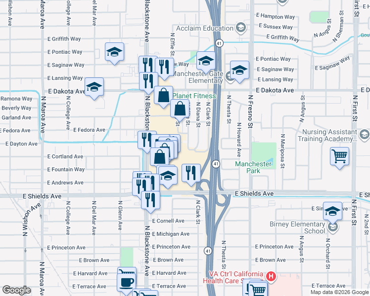 map of restaurants, bars, coffee shops, grocery stores, and more near 3607 North Effie Street in Fresno