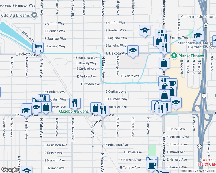 map of restaurants, bars, coffee shops, grocery stores, and more near 3531 North Bungalow Lane in Fresno