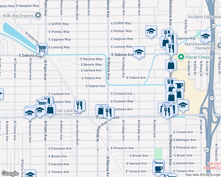 map of restaurants, bars, coffee shops, grocery stores, and more near 3531 North Bungalow Lane in Fresno