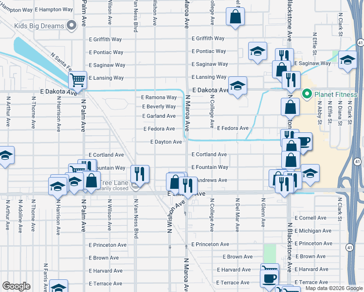 map of restaurants, bars, coffee shops, grocery stores, and more near 830 East Dayton Avenue in Fresno