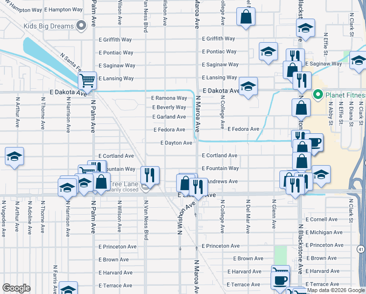 map of restaurants, bars, coffee shops, grocery stores, and more near 830 East Dayton Avenue in Fresno