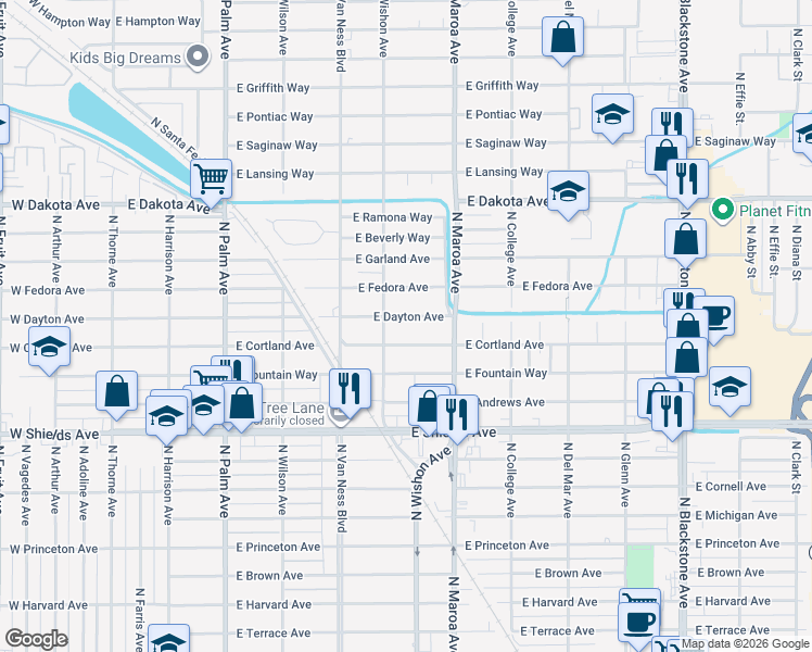 map of restaurants, bars, coffee shops, grocery stores, and more near 712 East Dayton Avenue in Fresno