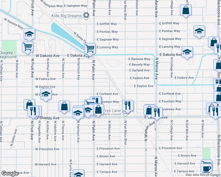 map of restaurants, bars, coffee shops, grocery stores, and more near 452 East Dayton Avenue in Fresno