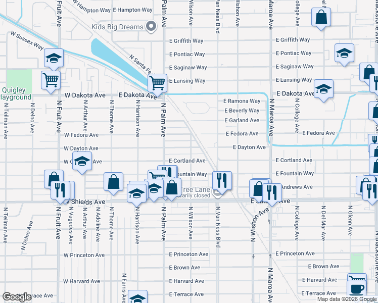 map of restaurants, bars, coffee shops, grocery stores, and more near 452 East Dayton Avenue in Fresno