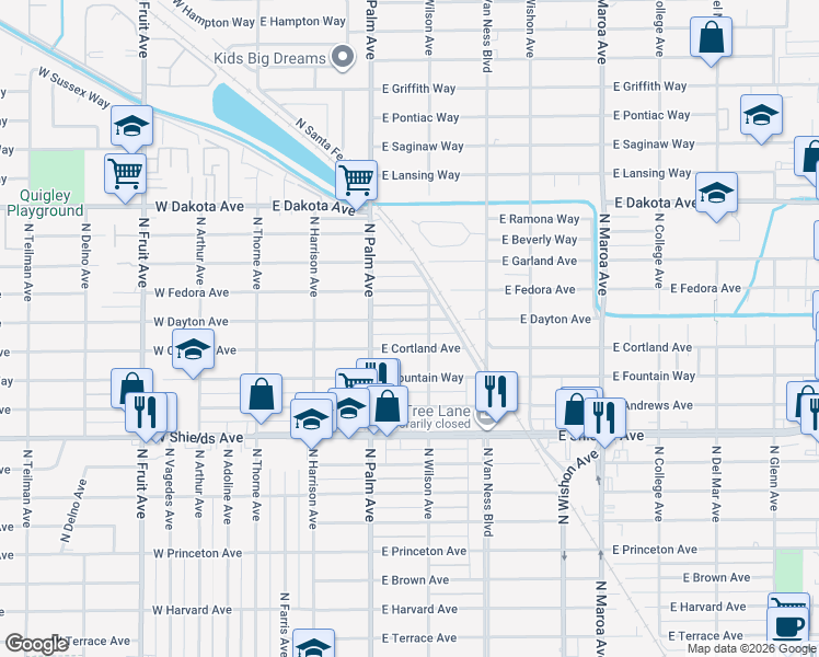 map of restaurants, bars, coffee shops, grocery stores, and more near 452 East Dayton Avenue in Fresno