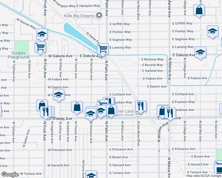 map of restaurants, bars, coffee shops, grocery stores, and more near 322 East Dayton Avenue in Fresno