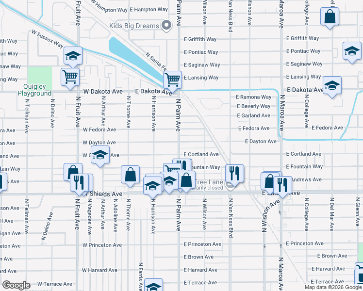 map of restaurants, bars, coffee shops, grocery stores, and more near 322 East Dayton Avenue in Fresno