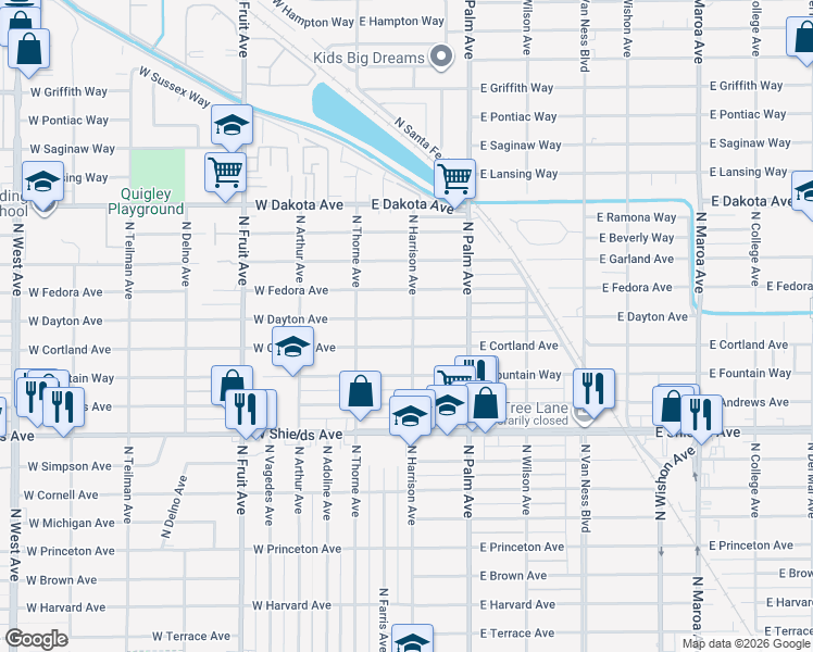 map of restaurants, bars, coffee shops, grocery stores, and more near 94 East Dayton Avenue in Fresno