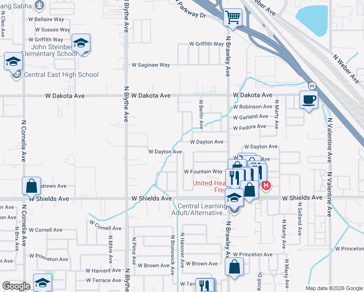 map of restaurants, bars, coffee shops, grocery stores, and more near 3205 North Hanover Avenue in Fresno
