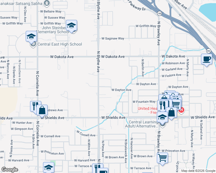 map of restaurants, bars, coffee shops, grocery stores, and more near 4294 West Dayton Avenue in Fresno
