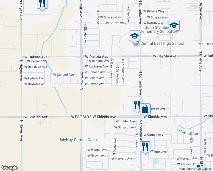 map of restaurants, bars, coffee shops, grocery stores, and more near 5311 West Dayton Avenue in Fresno