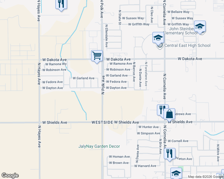 map of restaurants, bars, coffee shops, grocery stores, and more near 5397 West Dayton Avenue in Fresno