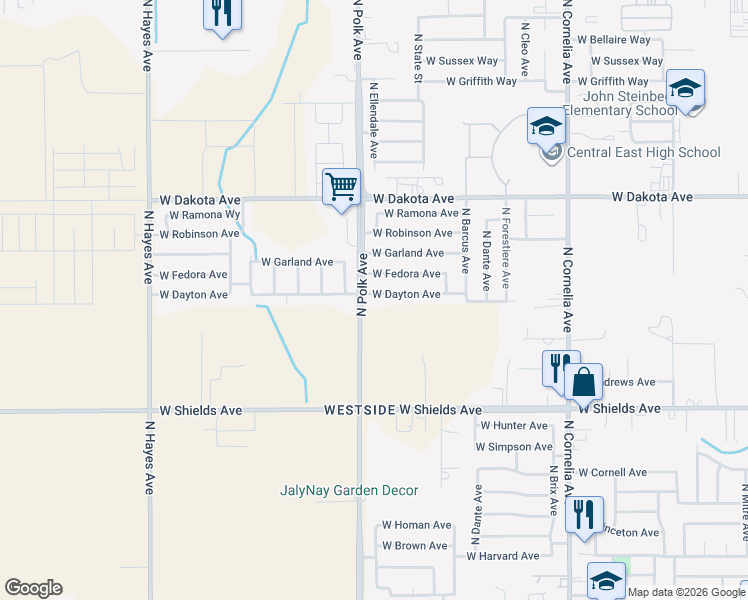 map of restaurants, bars, coffee shops, grocery stores, and more near 5480 West Dayton Avenue in Fresno