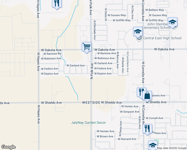map of restaurants, bars, coffee shops, grocery stores, and more near 5480 West Dayton Avenue in Fresno