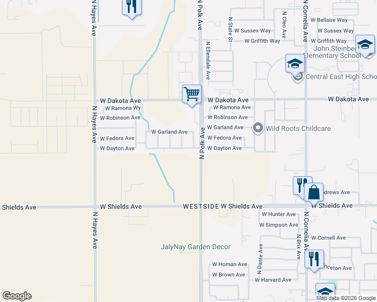map of restaurants, bars, coffee shops, grocery stores, and more near 5549 West Dayton Avenue in Fresno