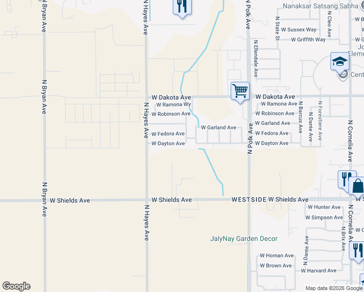 map of restaurants, bars, coffee shops, grocery stores, and more near 5804 West Dayton Avenue in Fresno