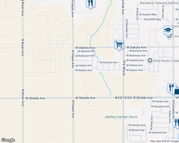 map of restaurants, bars, coffee shops, grocery stores, and more near 5804 West Dayton Avenue in Fresno
