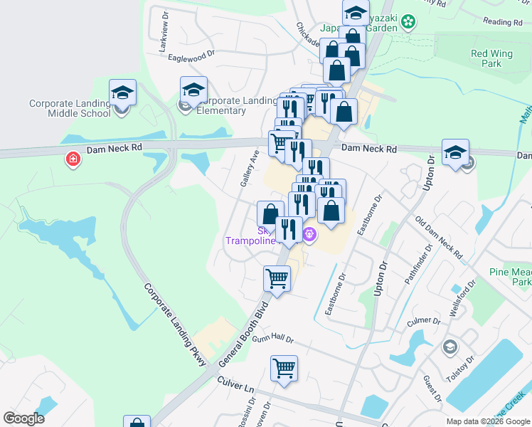 map of restaurants, bars, coffee shops, grocery stores, and more near 1133 Hubbell Drive in Virginia Beach