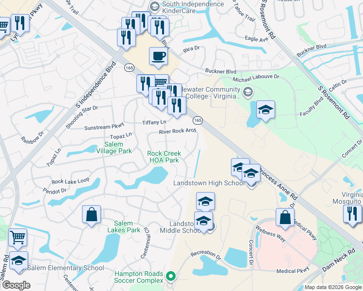 map of restaurants, bars, coffee shops, grocery stores, and more near 1801 Jagged Rock Drive in Virginia Beach