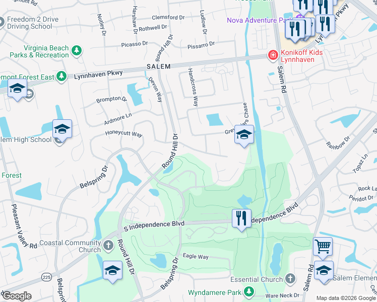 map of restaurants, bars, coffee shops, grocery stores, and more near 4440 Clevhamm Common in Virginia Beach