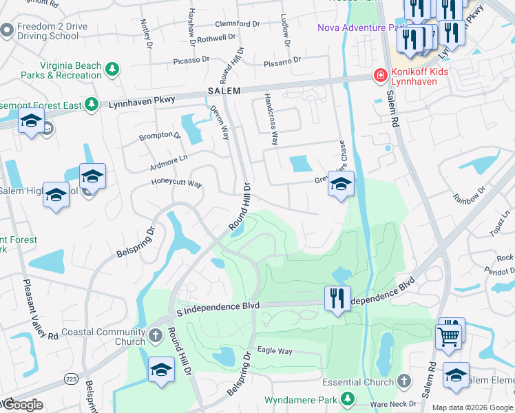 map of restaurants, bars, coffee shops, grocery stores, and more near 1800 Burwillow Drive in Virginia Beach