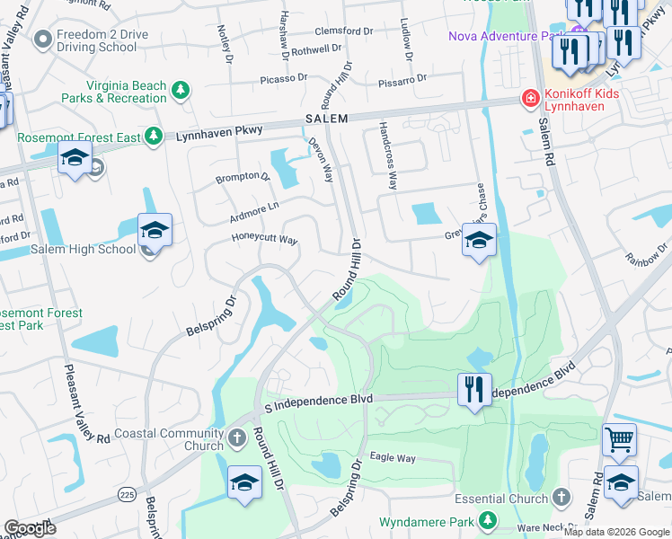 map of restaurants, bars, coffee shops, grocery stores, and more near 968 Penhook Court in Virginia Beach