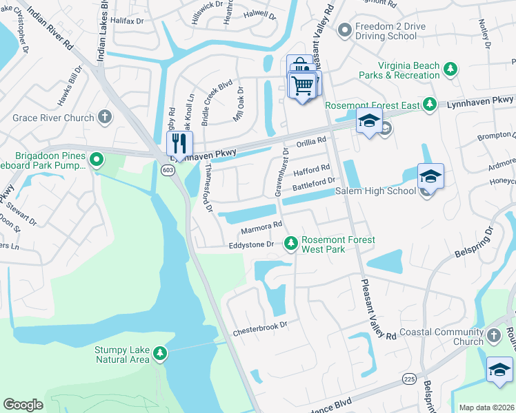 map of restaurants, bars, coffee shops, grocery stores, and more near 1493 Collingswood Trail in Virginia Beach