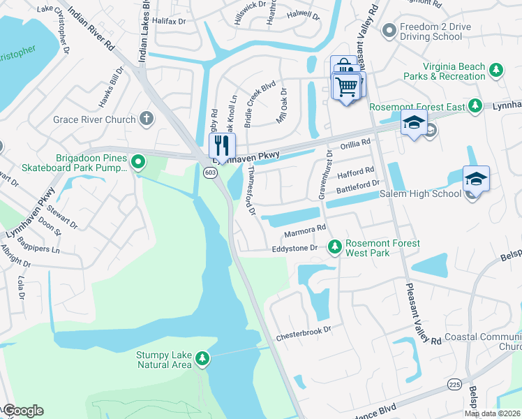 map of restaurants, bars, coffee shops, grocery stores, and more near 1524 Collingswood Trail in Virginia Beach