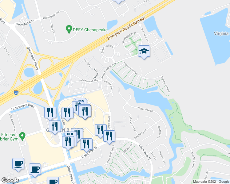 map of restaurants, bars, coffee shops, grocery stores, and more near 1620 Waterside Drive in Chesapeake