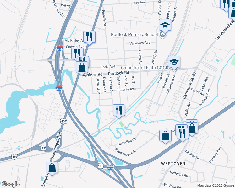 map of restaurants, bars, coffee shops, grocery stores, and more near 4125 1st Street in Chesapeake