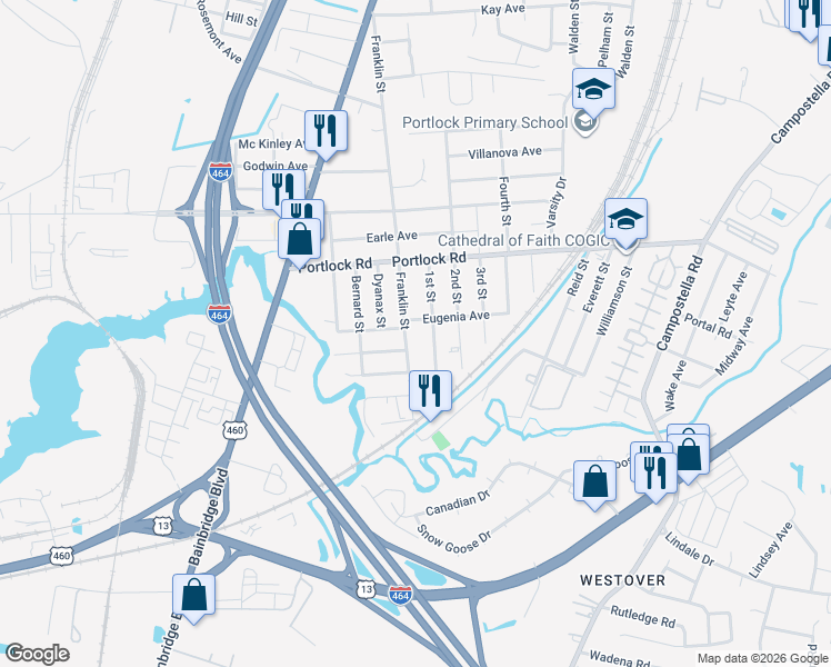 map of restaurants, bars, coffee shops, grocery stores, and more near 4120 Franklin Street in Chesapeake