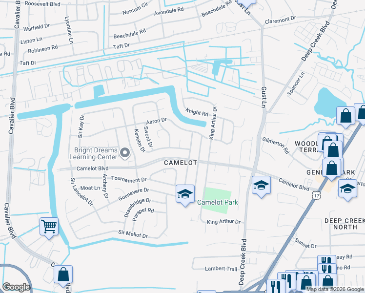 map of restaurants, bars, coffee shops, grocery stores, and more near 1112 Sean Drive in Chesapeake