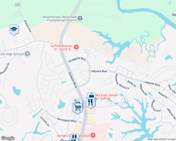 map of restaurants, bars, coffee shops, grocery stores, and more near 2064-2098 Hillpoint Boulevard North in Suffolk