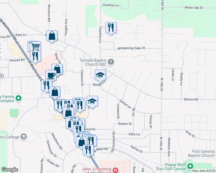 map of restaurants, bars, coffee shops, grocery stores, and more near 2404 Baugh Lane in Poplar Bluff