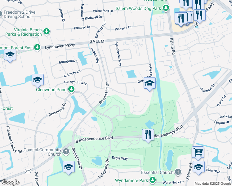map of restaurants, bars, coffee shops, grocery stores, and more near 4441 Clevhamm Common Court in Virginia Beach