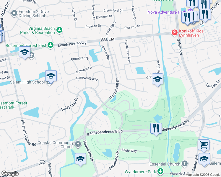 map of restaurants, bars, coffee shops, grocery stores, and more near 968 Penhook Court in Virginia Beach
