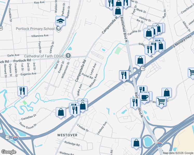 map of restaurants, bars, coffee shops, grocery stores, and more near 2040 Midway Avenue in Chesapeake
