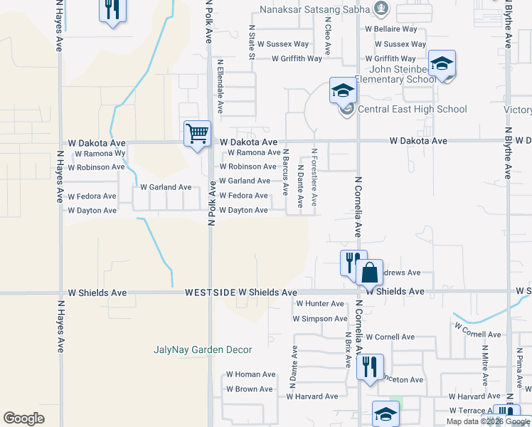 map of restaurants, bars, coffee shops, grocery stores, and more near 5311 West Dayton Avenue in Fresno