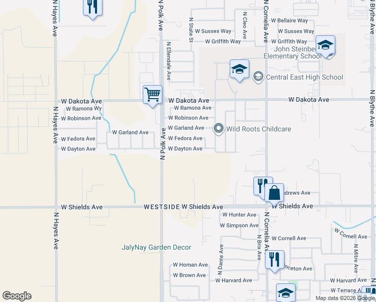 map of restaurants, bars, coffee shops, grocery stores, and more near 5397 West Dayton Avenue in Fresno