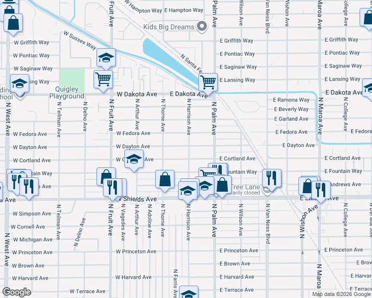 map of restaurants, bars, coffee shops, grocery stores, and more near 94 East Dayton Avenue in Fresno
