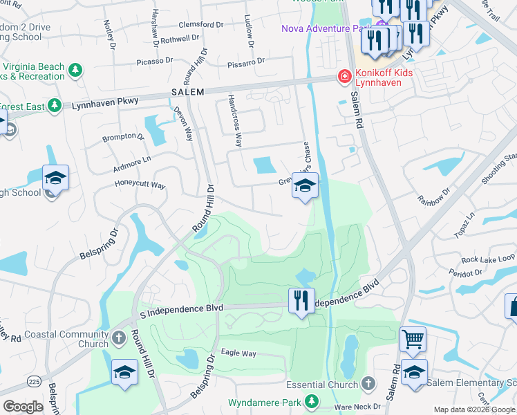 map of restaurants, bars, coffee shops, grocery stores, and more near 1712 Brightwell Place in Virginia Beach