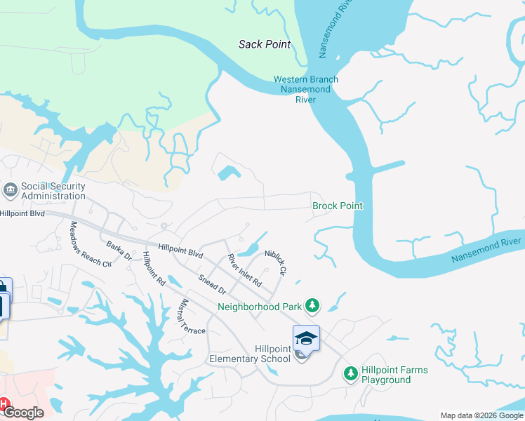 map of restaurants, bars, coffee shops, grocery stores, and more near 126 Birdie Drive in Suffolk