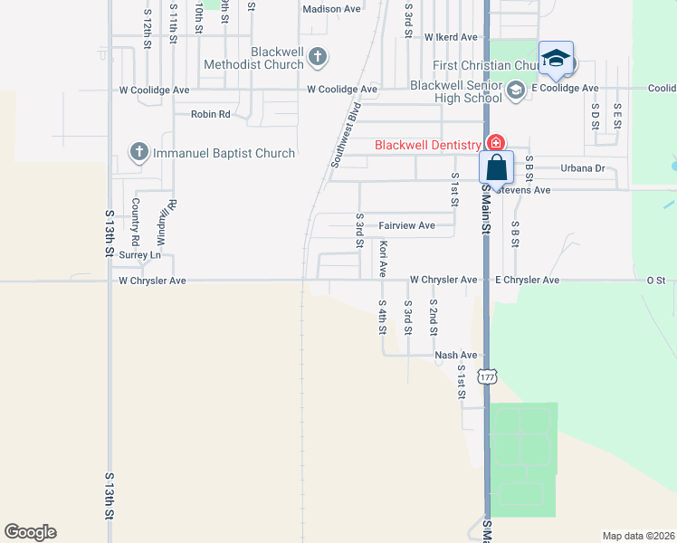 map of restaurants, bars, coffee shops, grocery stores, and more near 408 West Chrysler Avenue in Blackwell