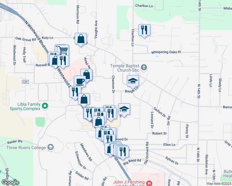 map of restaurants, bars, coffee shops, grocery stores, and more near 2311 Channon Drive in Poplar Bluff