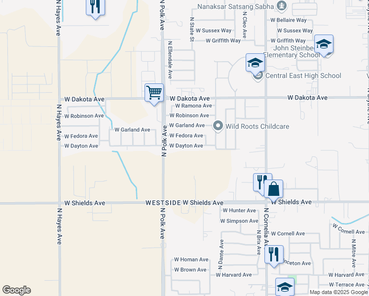 map of restaurants, bars, coffee shops, grocery stores, and more near 5397 West Dayton Avenue in Fresno